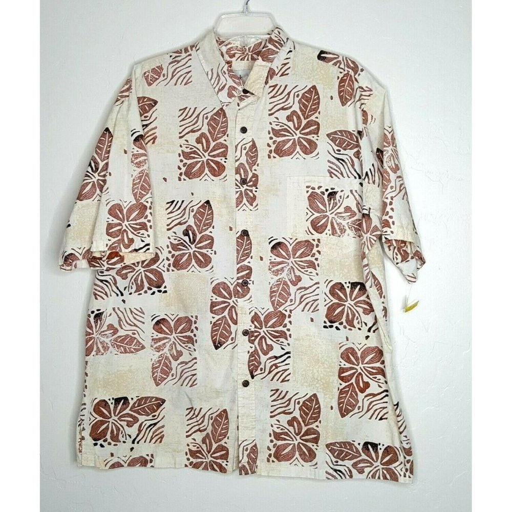 Bishop St Hawaiian Aloha Tropical Leaf Print Shirt Short Sleeve Browns Size 2XL